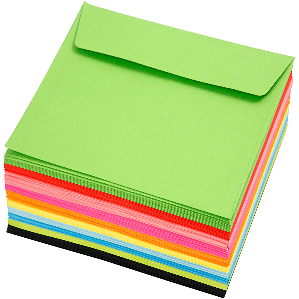Kuverter - Kvadratiske 16x16 cm - 80 g - Ass. farver - 50 stk