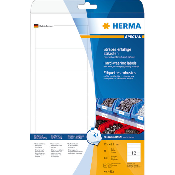 Labels film white hard-wearing 97x42,3 HERMA A4 LC