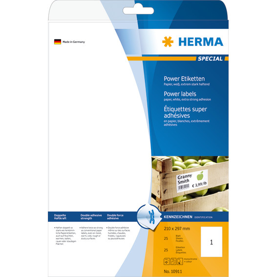 Etiketter - HERMA Power - 210 x 297 mm - Ekstremt stærkt klæbende - 25 stk