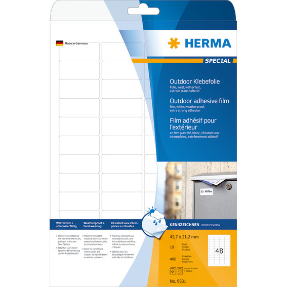 Udendørsetiketter - Herma Outdoor Film A4 45,7 x 21,2 mm - Hvid - 480 stk.