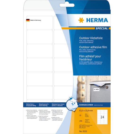 Etiketter - HERMA Outdoor Film - A4 - 63,5x33,9 mm - Hvid - 240 stk