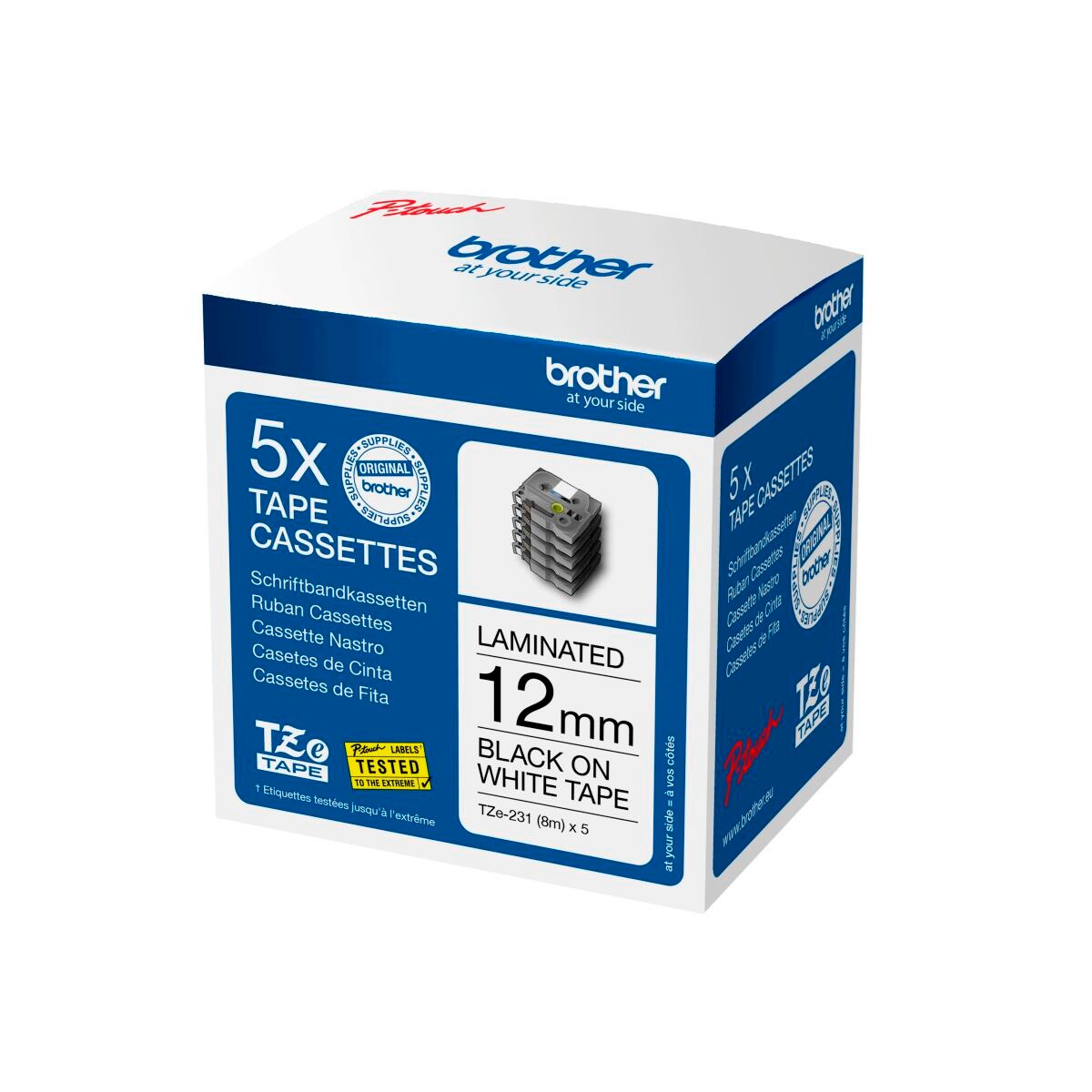 Labeltape - Brother TZe-231M5 - 12 mm x 8 m - Sort på hvid - 5 stk