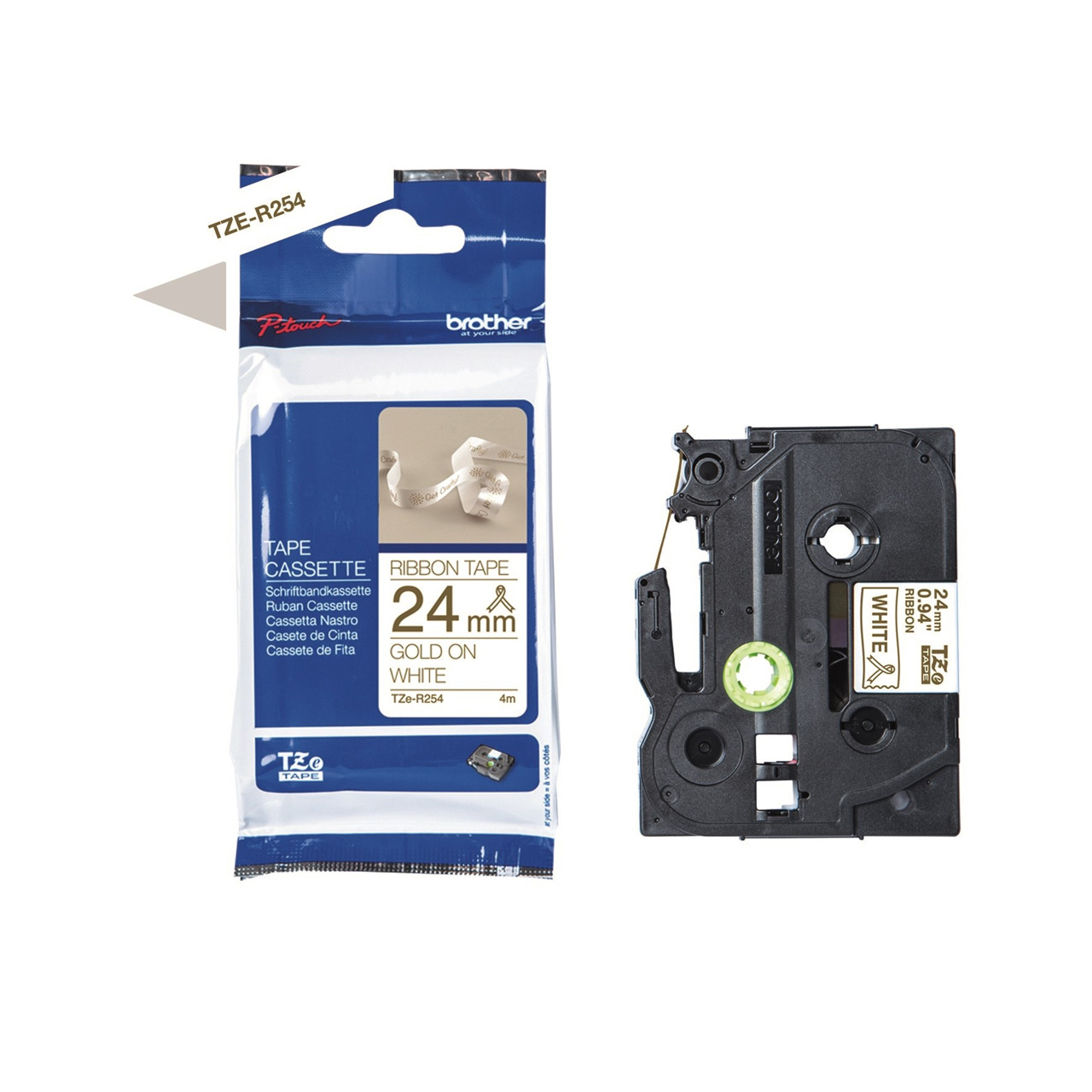Labeltape Brother TZe-R254 24mmx4m guld på hvid satin