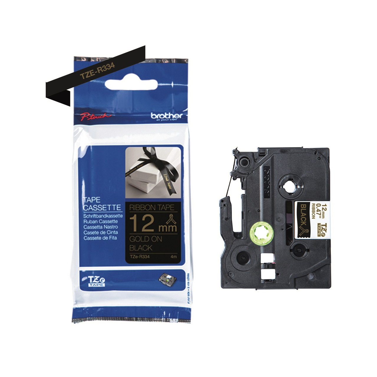 Labeltape Brother TZe-R334 12mmx4m guld på sort satin