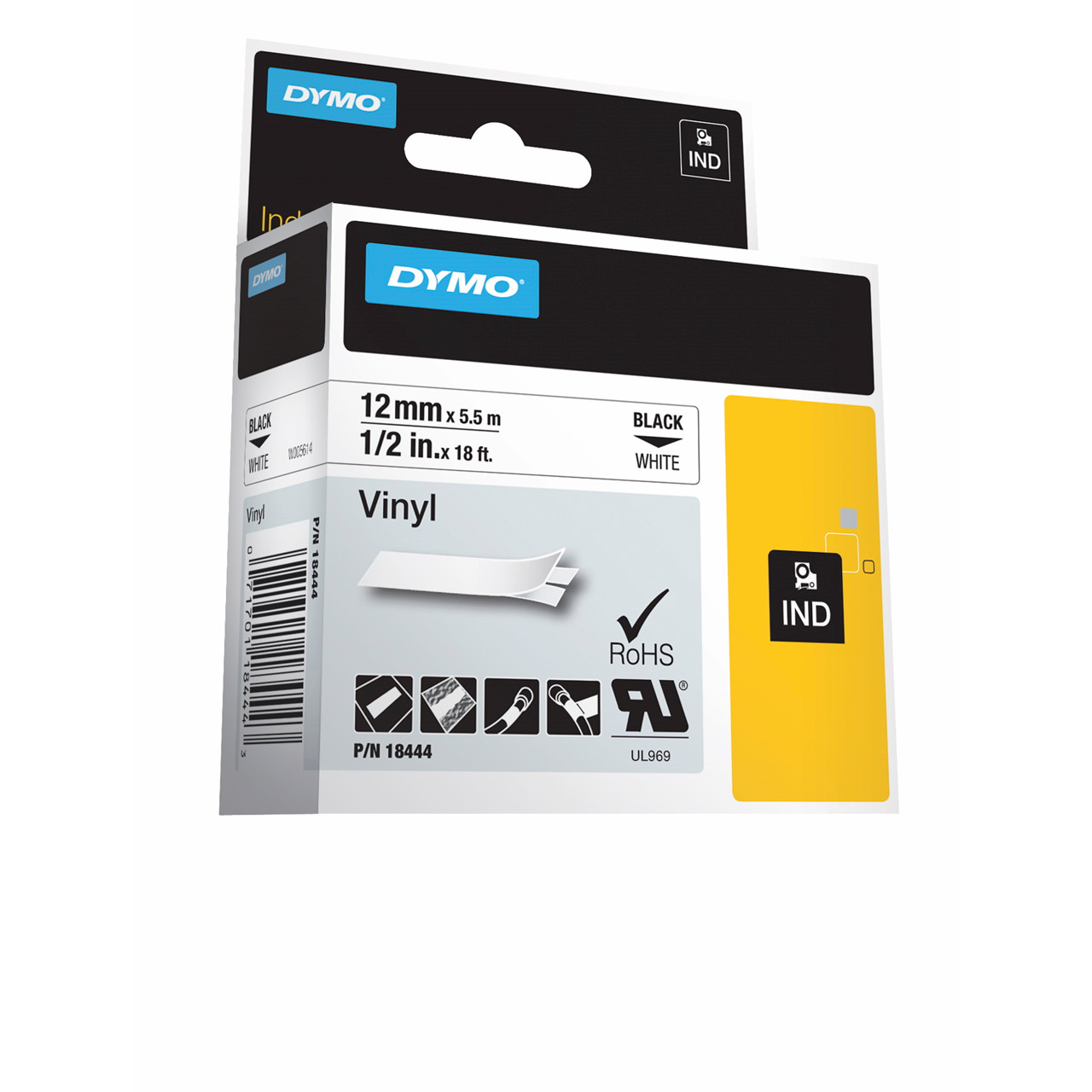 DYMO Rhino label tape D1 12mm sort på hvid vinyl