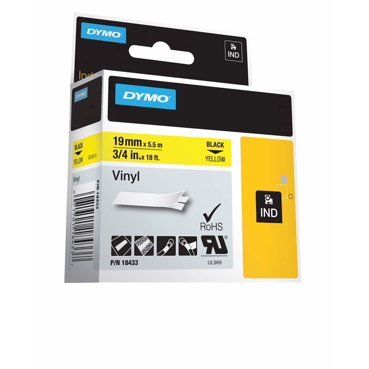 Labeltape DYMO D1 19mm sort på gul vinyl