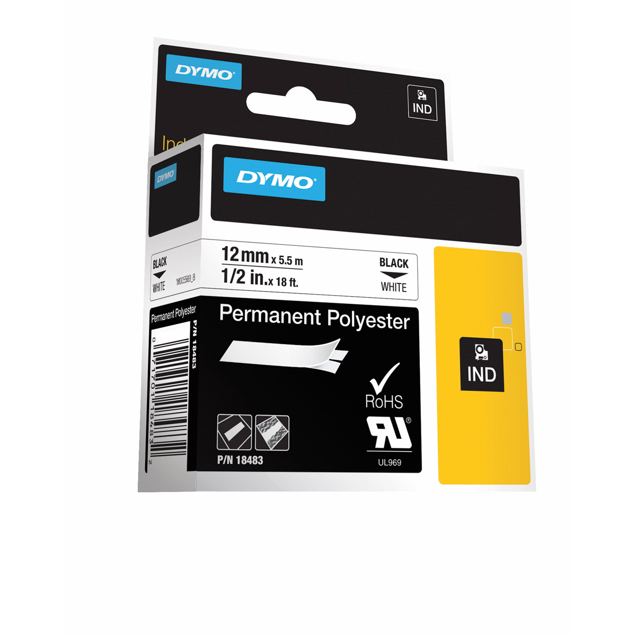 DYMO label tape Rhino 12mm sort på hvid poly