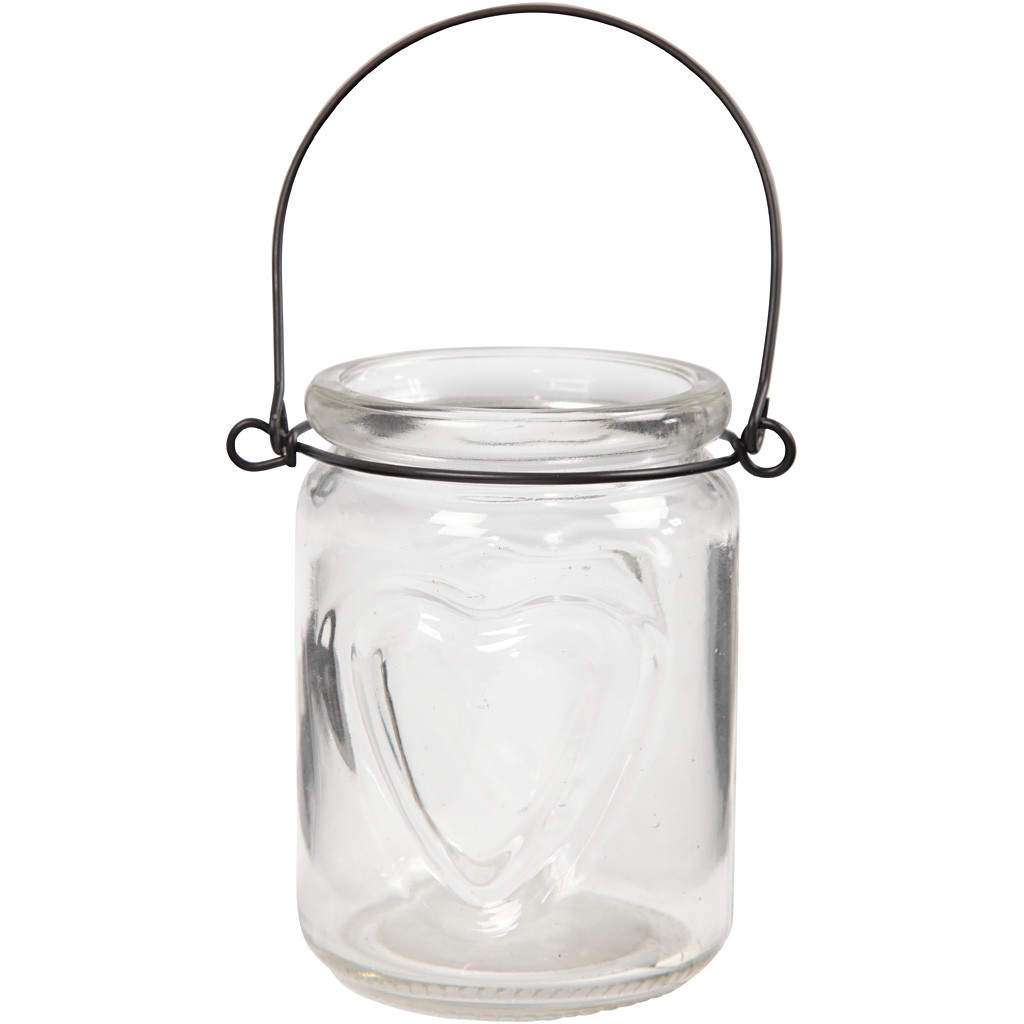 Lanterne - Glas med hjerterelief - Sort metalophæng - H: 9,5 cm - Ø: 9 cm - 12 stk
