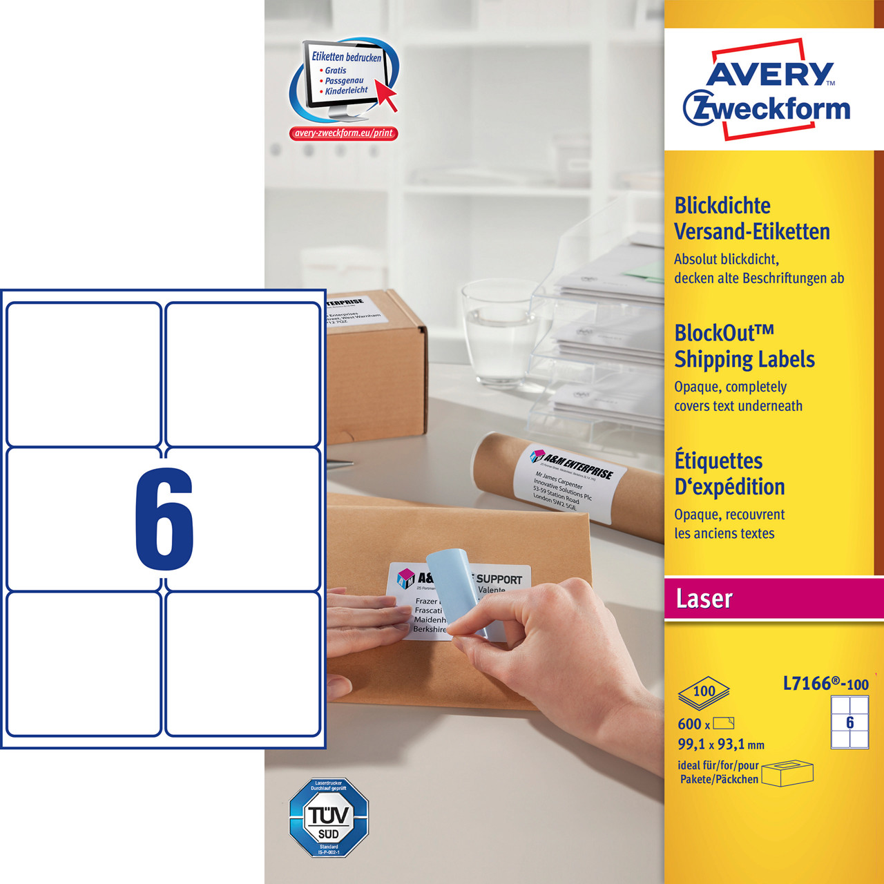 Pakkelabels Laseretiket Avery 99.1x93.1mm 100ark