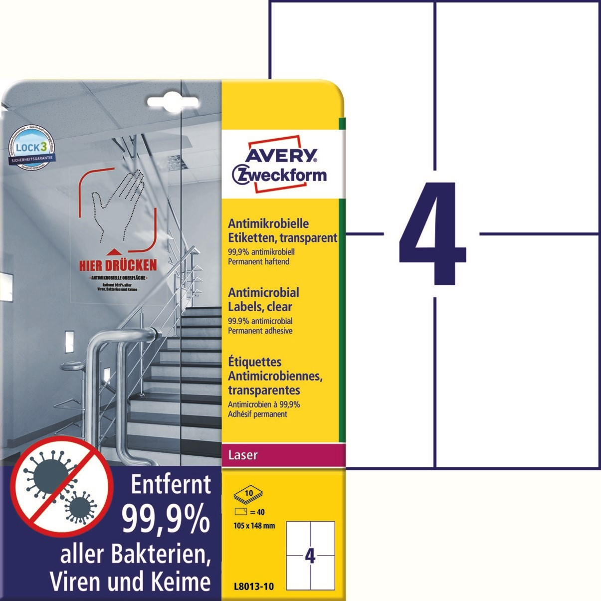 Avery etiketter Laseretiket - antimicrobiel 105x148mm klar - 10ark