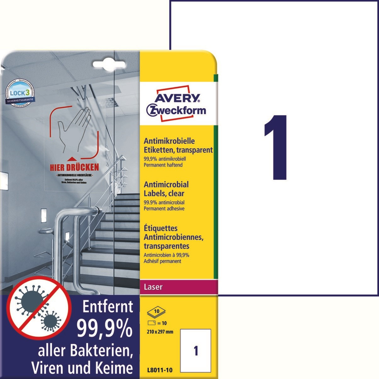 Avery etiketter Laseretiket - antimicrobiel 210x297mm klar - 10ark