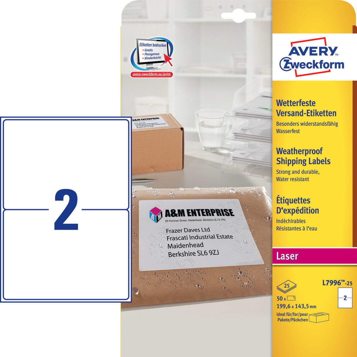 Pakkelabels Avery vejrbestandige 199.6 x 143.5 mm - 50 labels