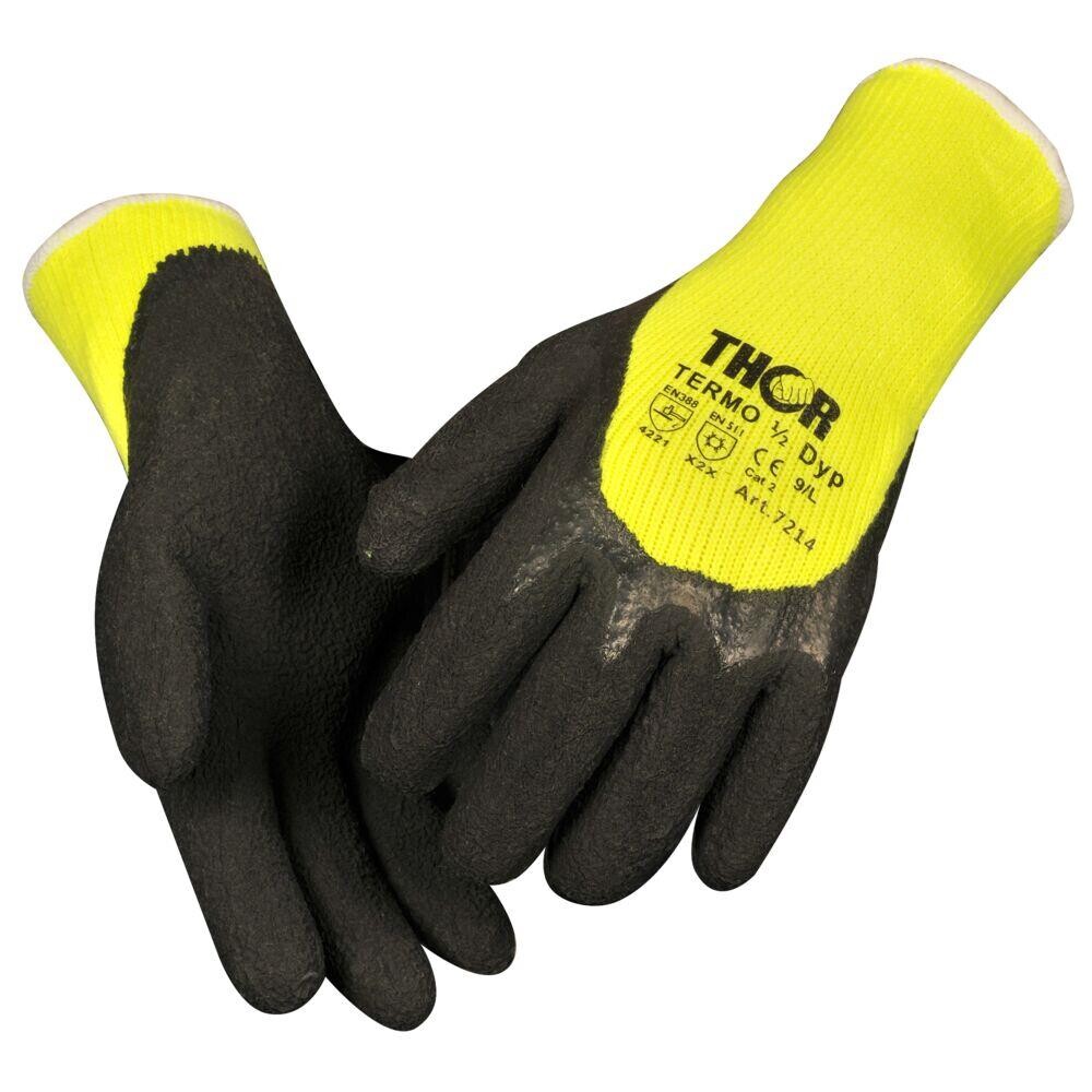 Latexhandsker THOR Grip Termo - Halvdyppet - Sort og gul - Størrelse 11 - 12 par