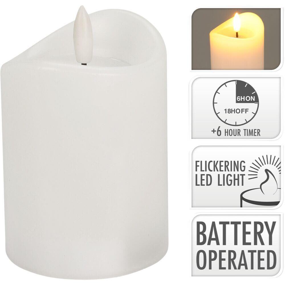 LED bloklys 15,5cm Ø7,5cm hvid med 3D-flamme og timerfunktion - 12 stk