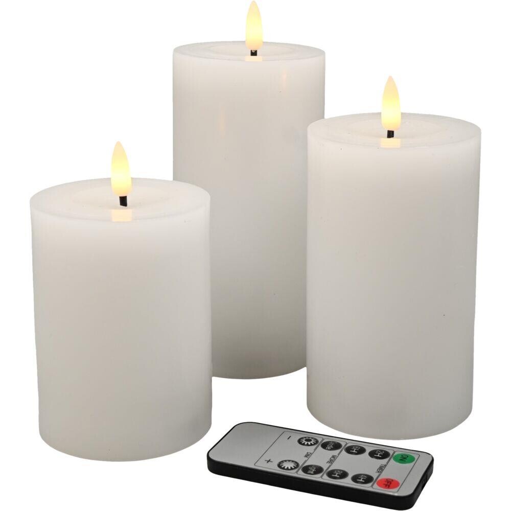 LED bloklys, Ø7,5cm, hvid, plast, sæt á 3 stk., pulserende flamme, 10/12,5/15 cm, fjernbetjening - 6 pakker