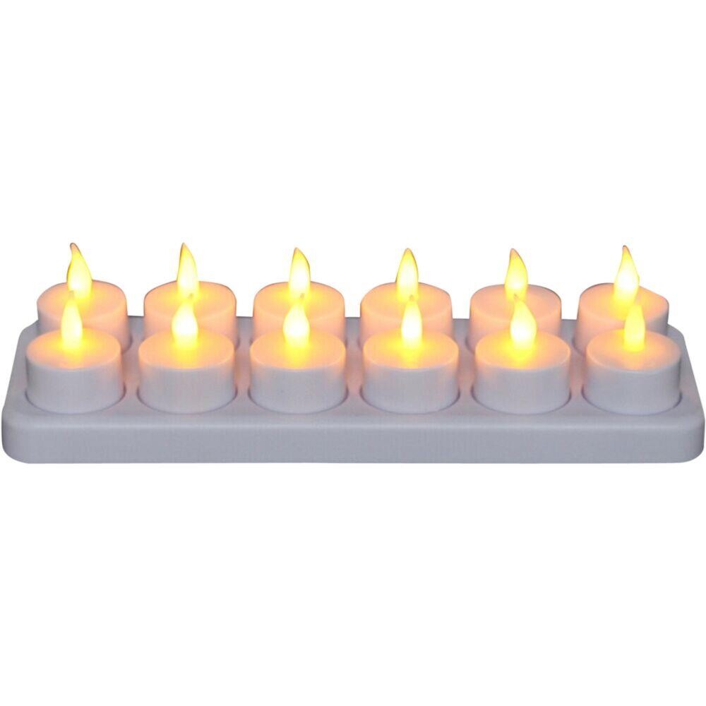 LED fyrfadslys, 4,9cm, Ø3,9cm, hvid, plast, med pulserende flamme, genopladeligt sæt med 12 lys, inklusiv oplader
