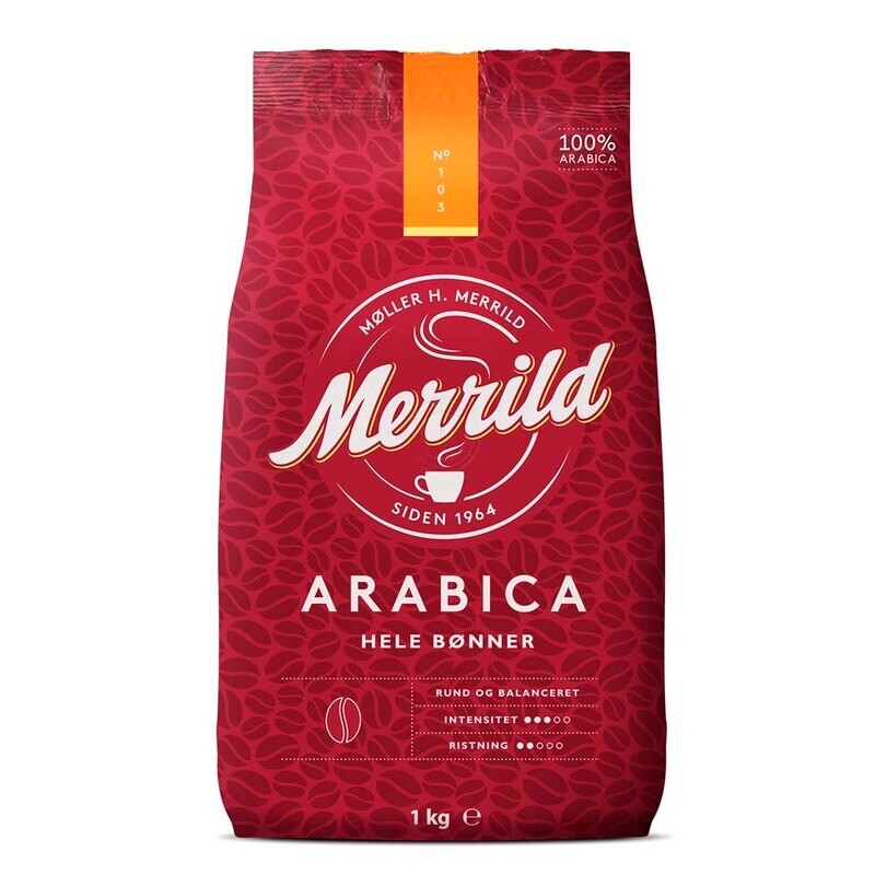 Merrild Arabica kaffebønner, hele bønner, - 1 kg pr. pose - 6 poser