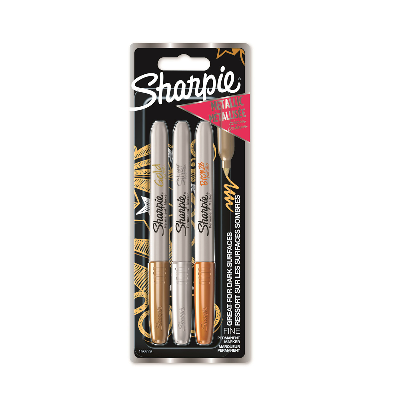 Sharpies tusser Metallic Guld Sølv Bronze - 3 stk