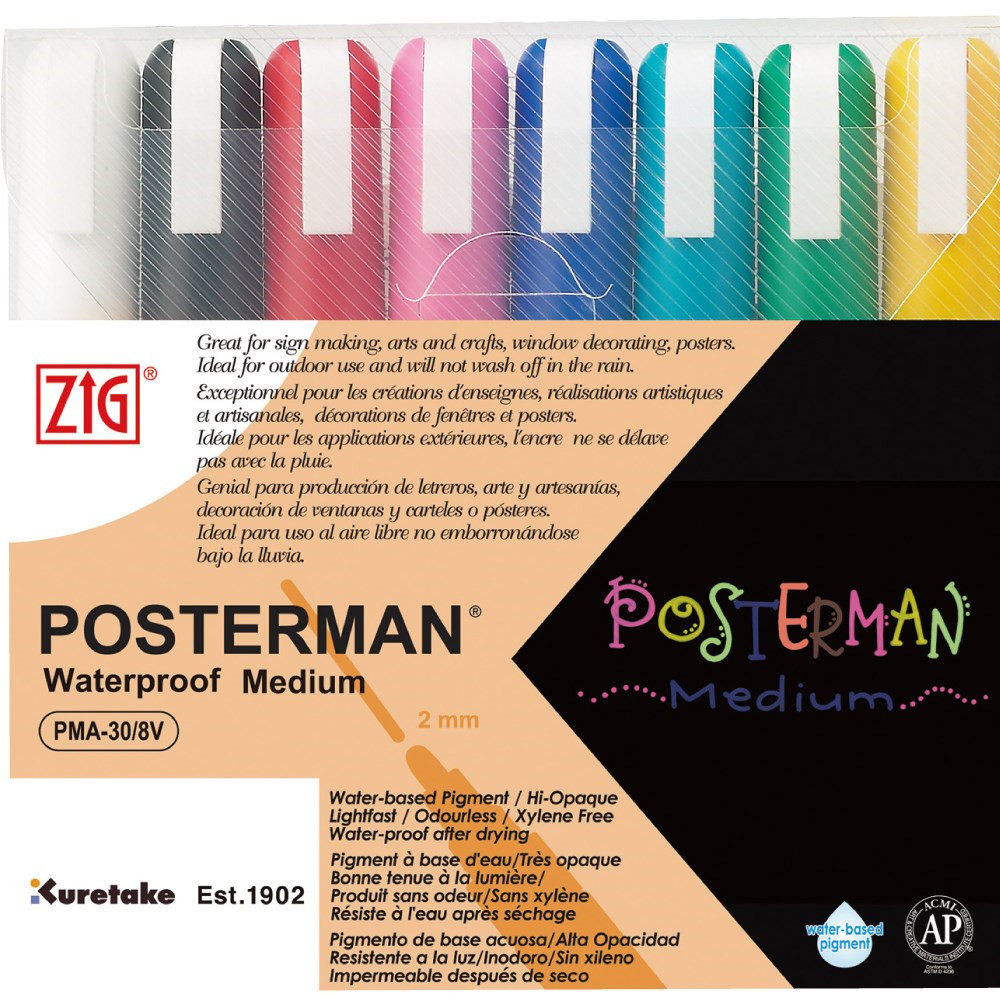 Marker - ZIG Posterman Medium - 2 mm - 8 stk sæt