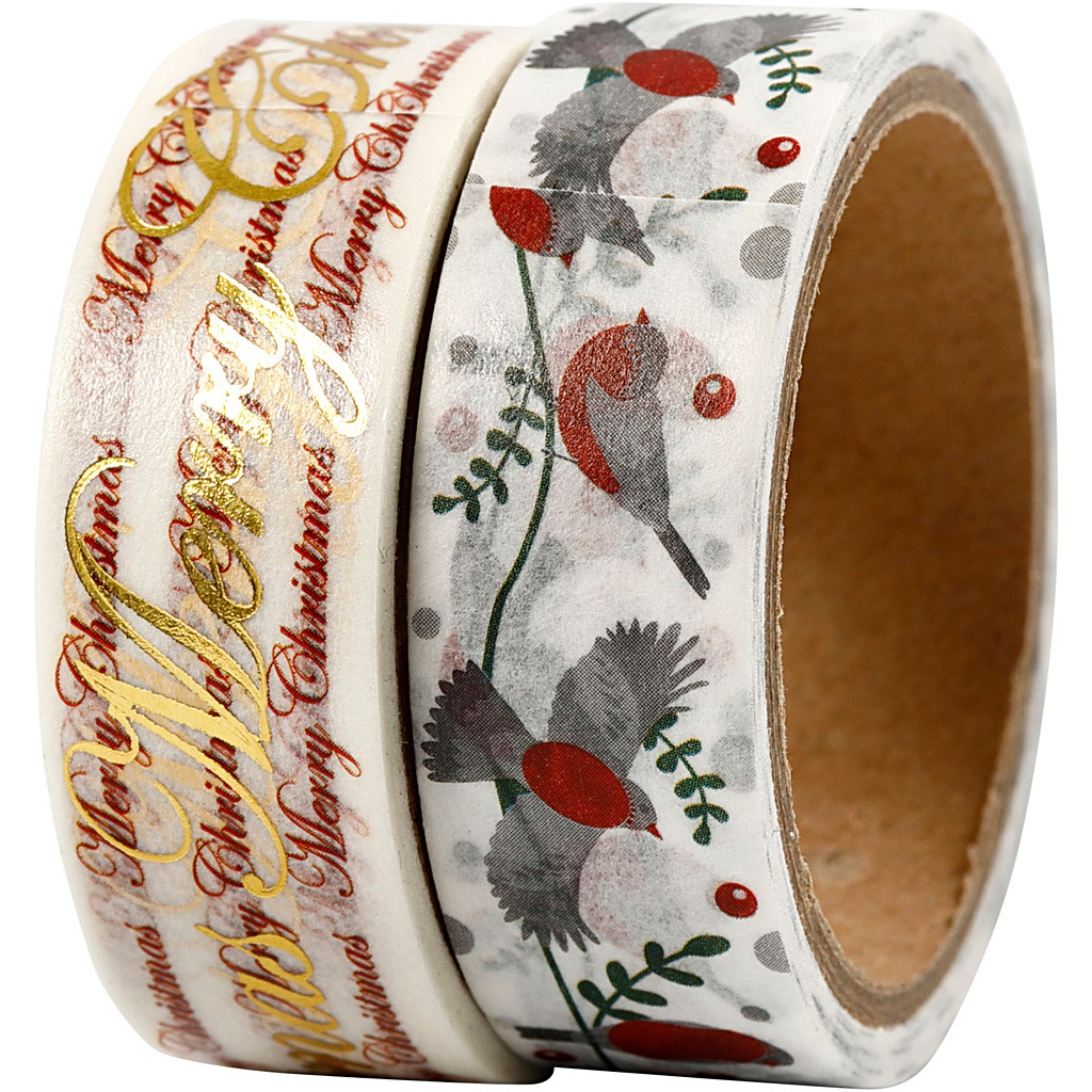 Masking Tape, B: 15 mm, glædelig jul og fugle - folie, 2x4m