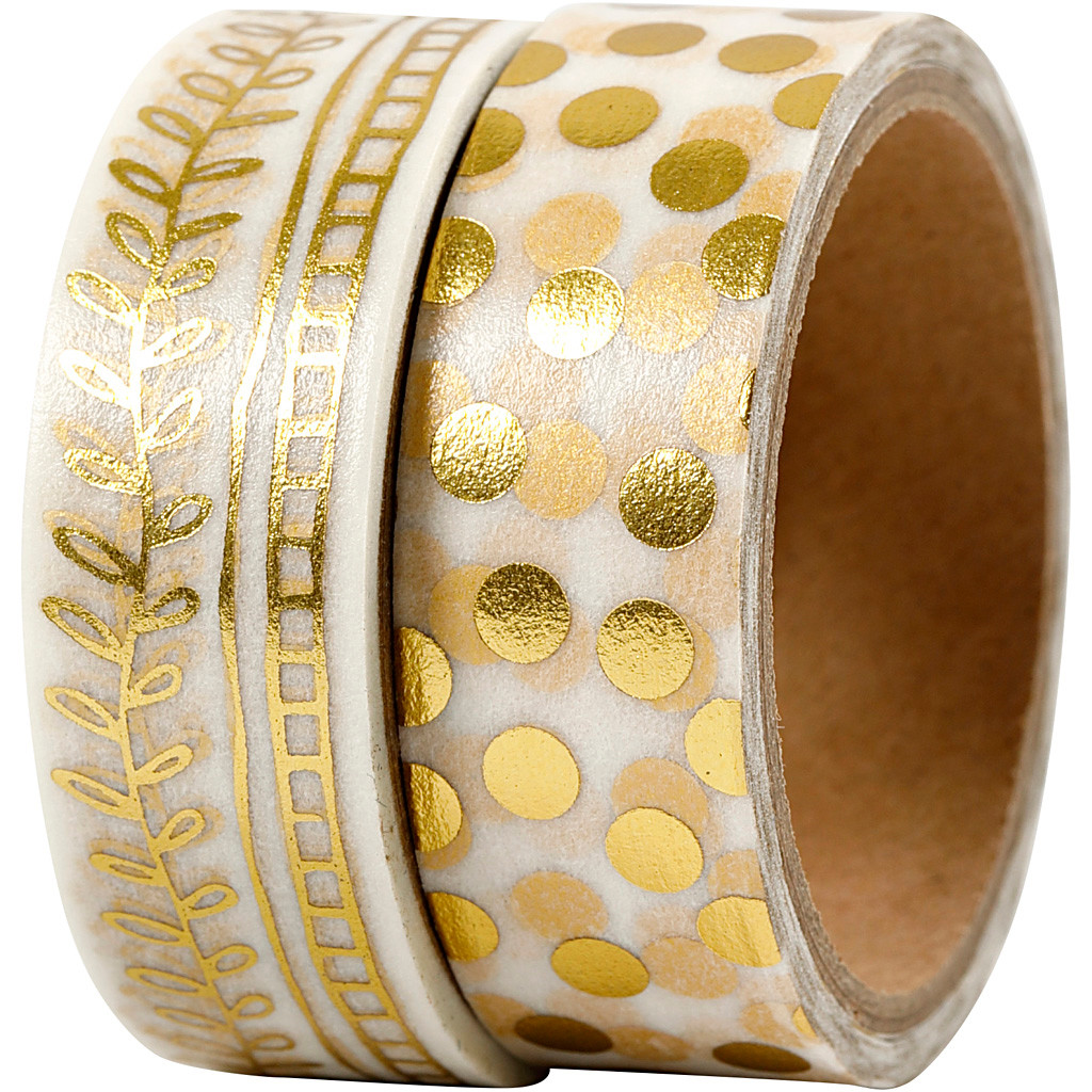 Masking Tape, B: 15 mm, guld, ranke og prikker - folie, 2x4m
