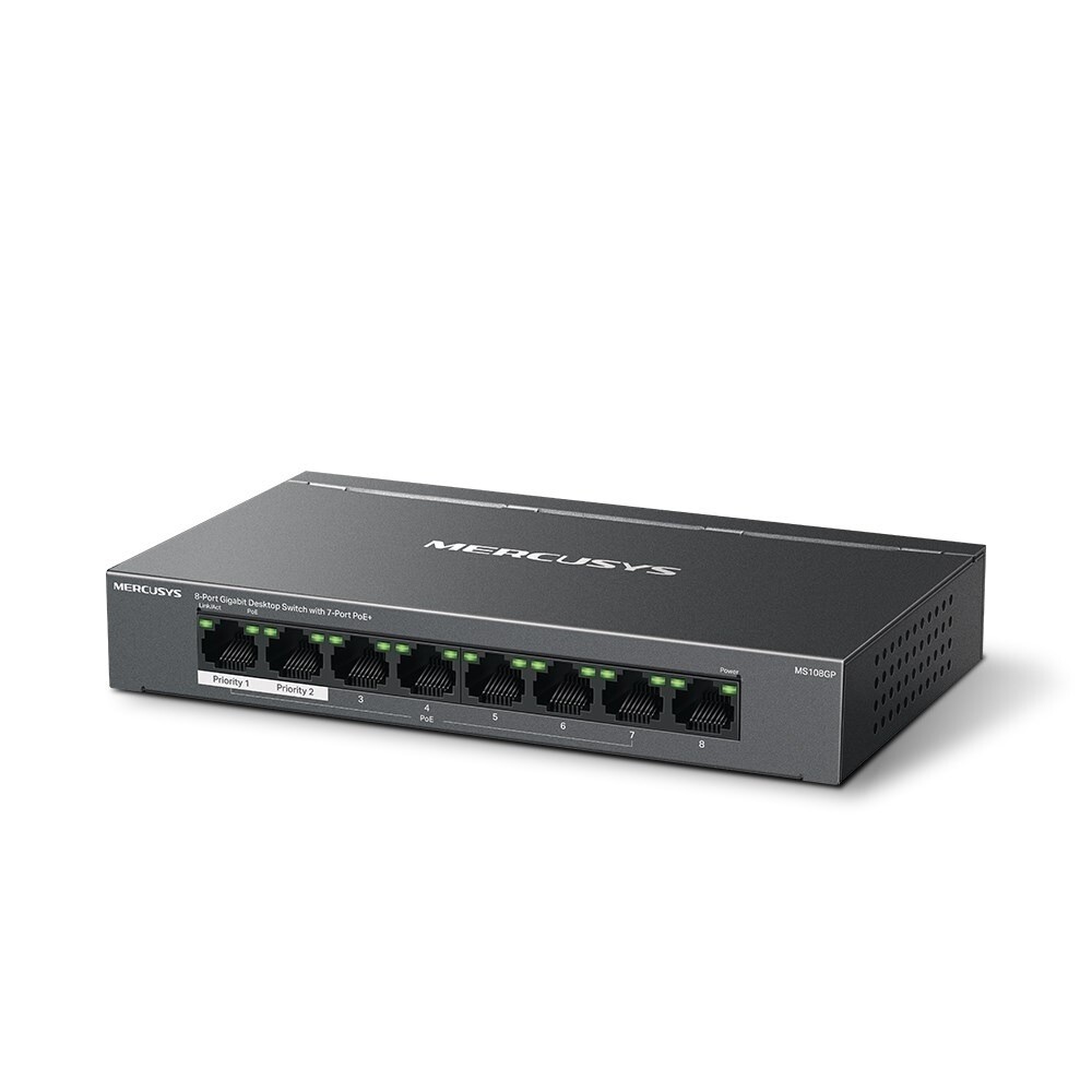 Netværksswitch - Mercusys MS108GP - 8-Port Gigabit - 7x PoE+ - Sort