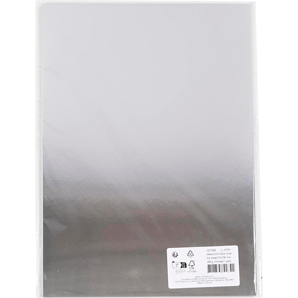 Metalkarton, A4, ark 210x297 mm, 280 g, sølv, 10 ark/ 1 pk.
