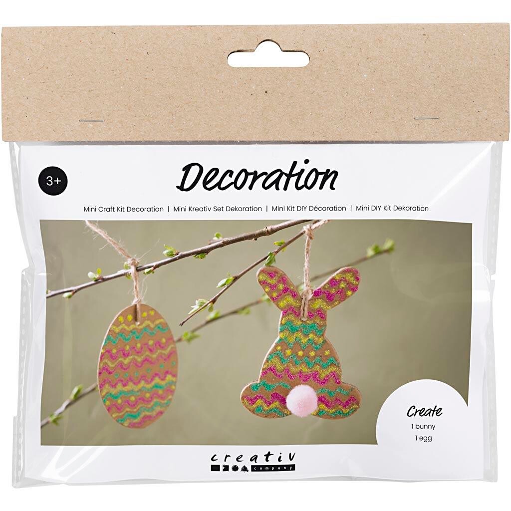 DIY Kit Mini Dekoration Æg og hare brun, grøn, pink, gul