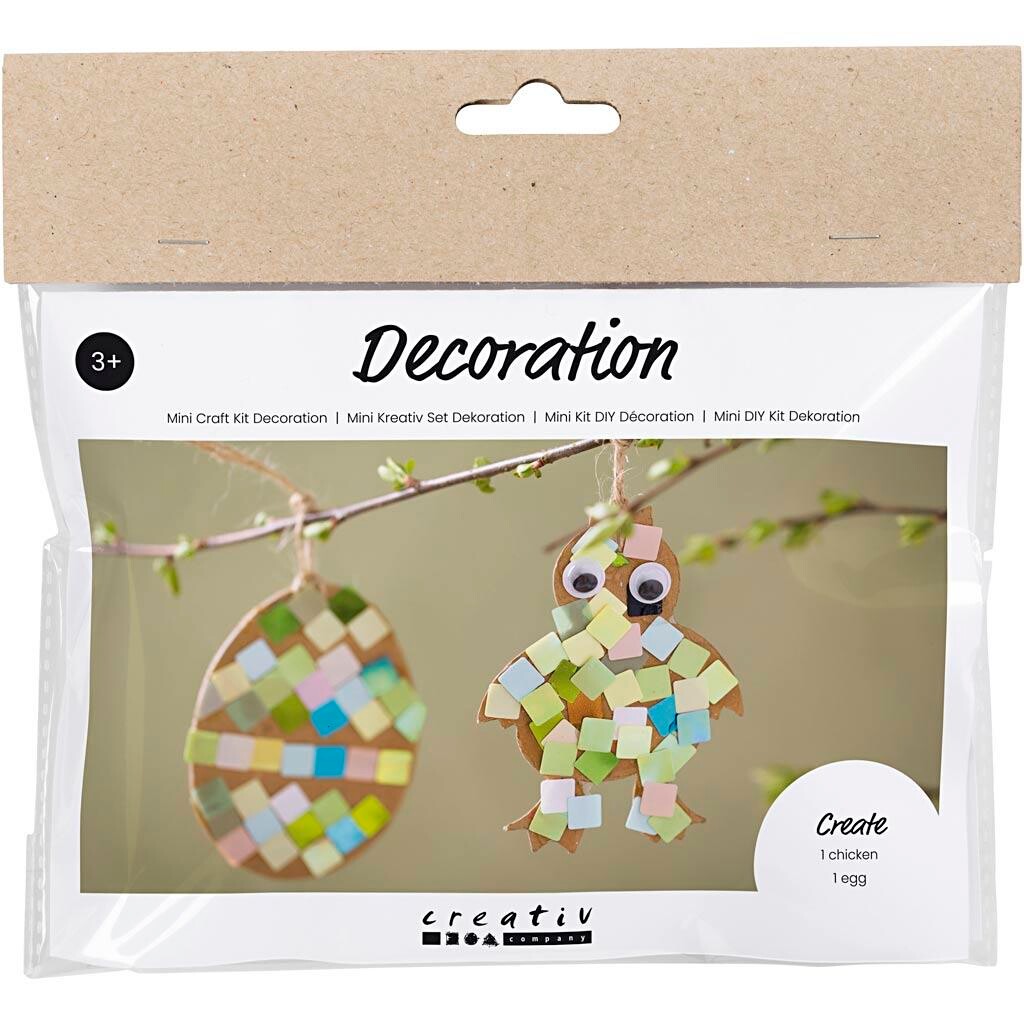 DIY Kit Mini Dekoration Æg og kylling sort, brun, hvid ass. farver