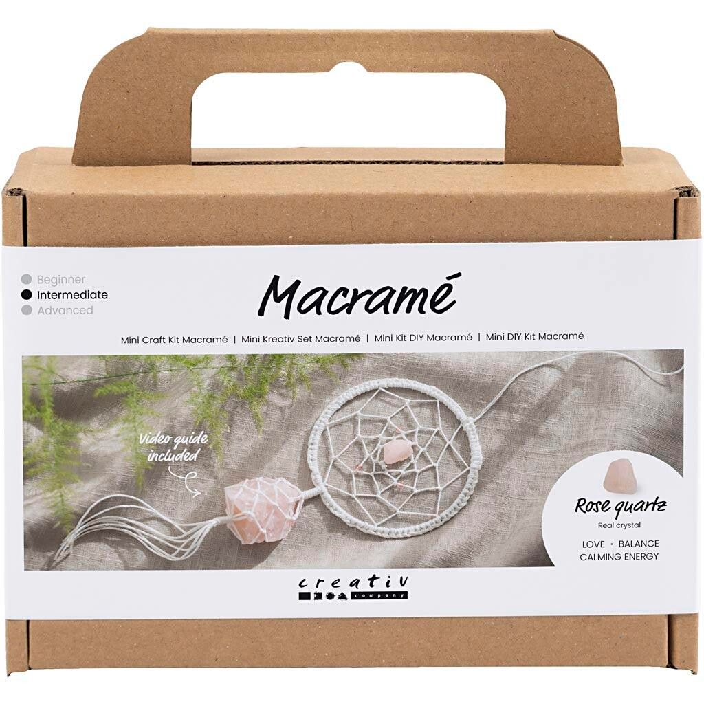Mini DIY Kit Macramé, Drømmefanger med rosenkvarts krystal, lys rosa, hvid