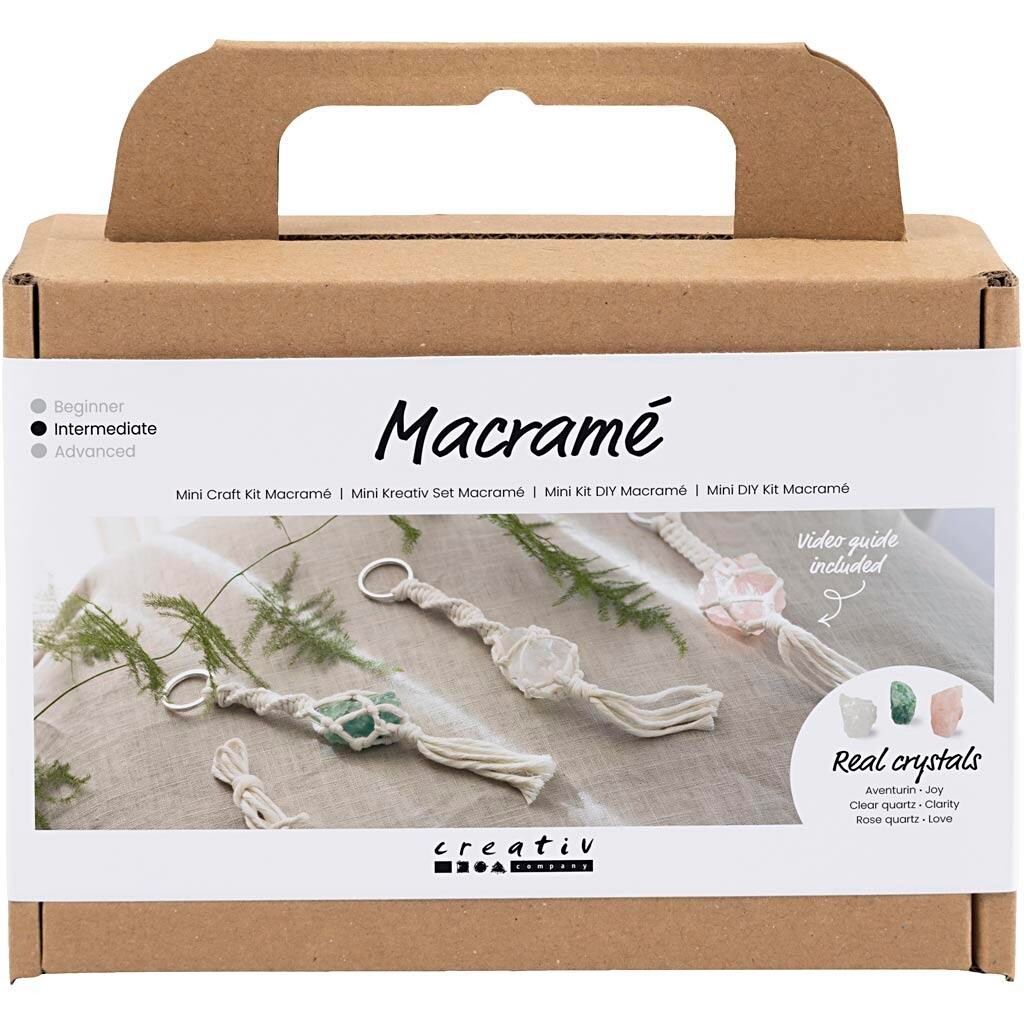 Mini DIY Kit Macramé, Nøglering, mat transparent, støvet grøn, sart rosa, lys natur
