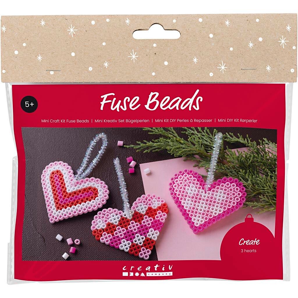 Mini DIY Kit Rørperler, Julehjerter, pink, lys pink, primær rød, hvid