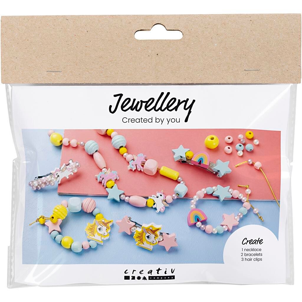 Mini DIY Kit Smykker, Halskæde, armbånd, hårpynt, lys blå, lys rød, gul - 1 pk