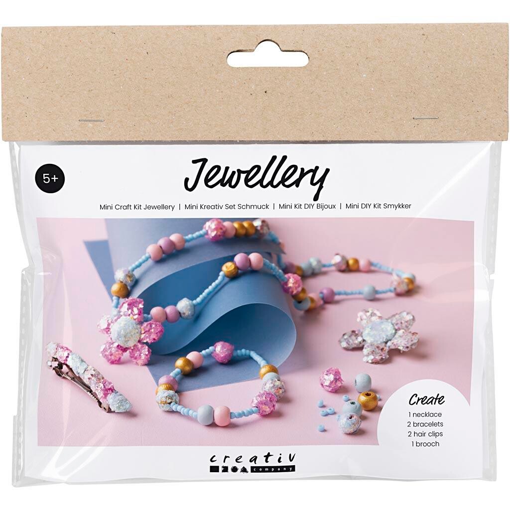 Mini DIY Kit Smykker, Halskæde, armbånd, spænder, broche, blå, lys blå, pastelpink