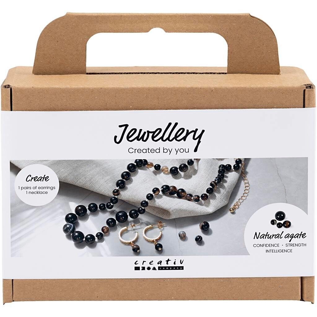 Mini DIY Kit Smykker, Halskæde og øreringe, sort, hvid - 1 pk