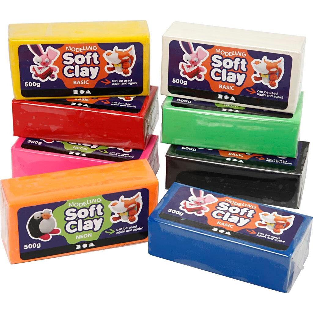 Modellervoks - Soft Clay - Assorteret - 8 x 500 gram