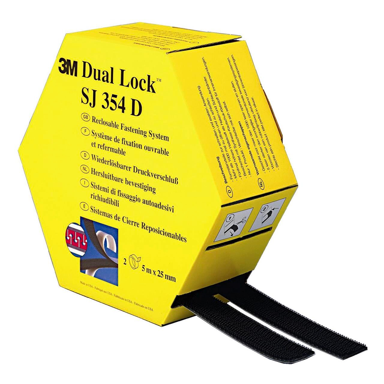 Dobbeltklæbende velcro sort 25mmx5m 3M Dual Lock SJ354D - 4 stk