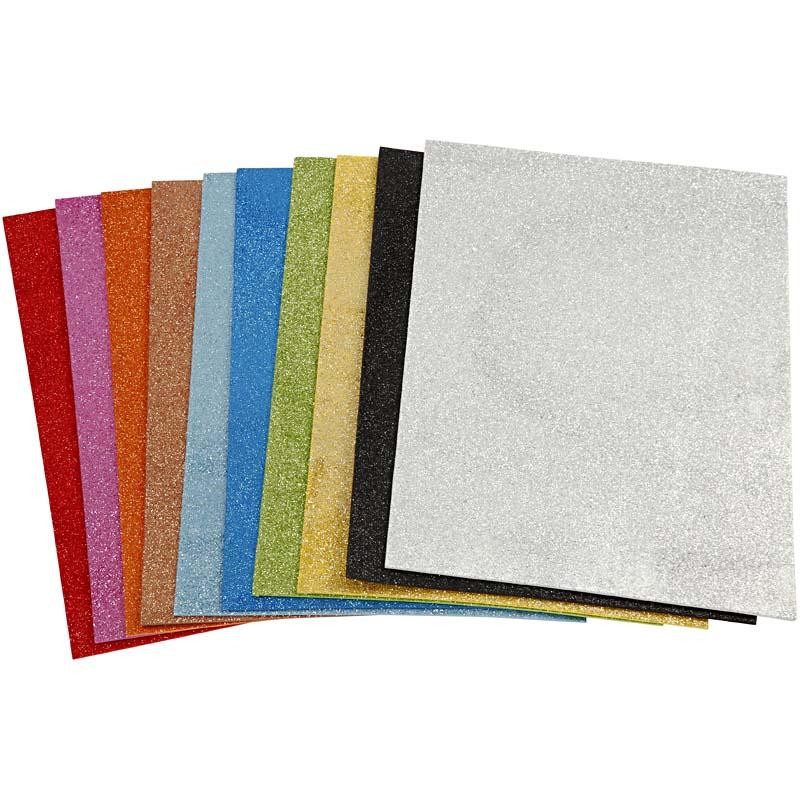 Mosgummi - A4 glitter 2 mm assorteret - 10 ark