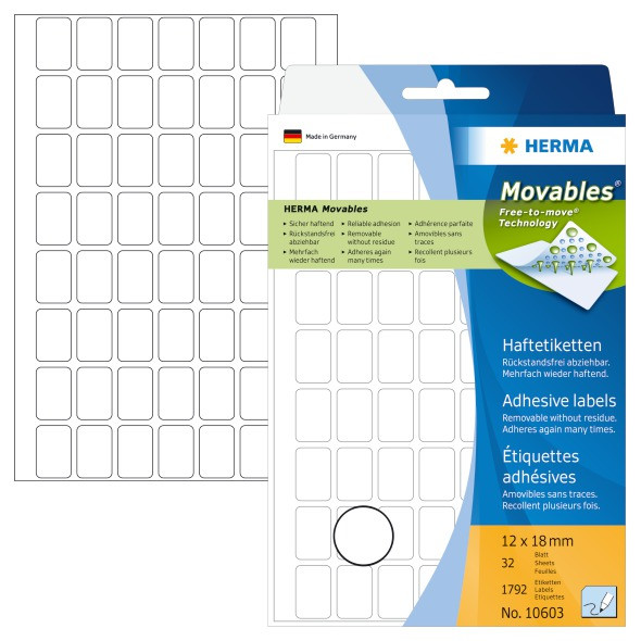 Etiketter - Herma Movables - 12x18 mm - Hvid - Aftagelige - 1792 stk