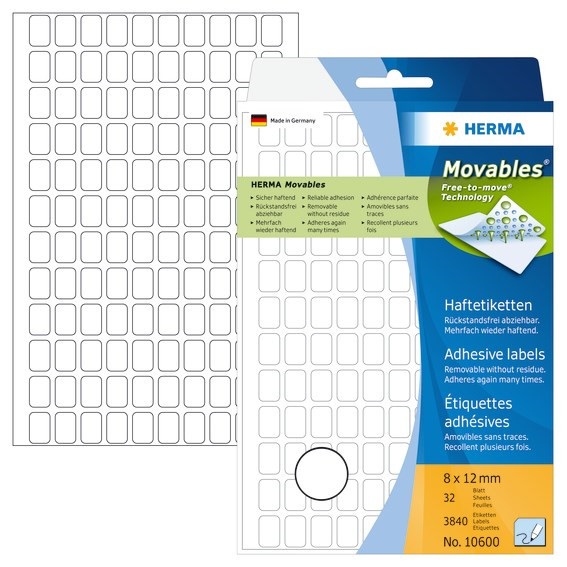 Labels 8x12 mm HERMA aftagelig hvid 3840 stk