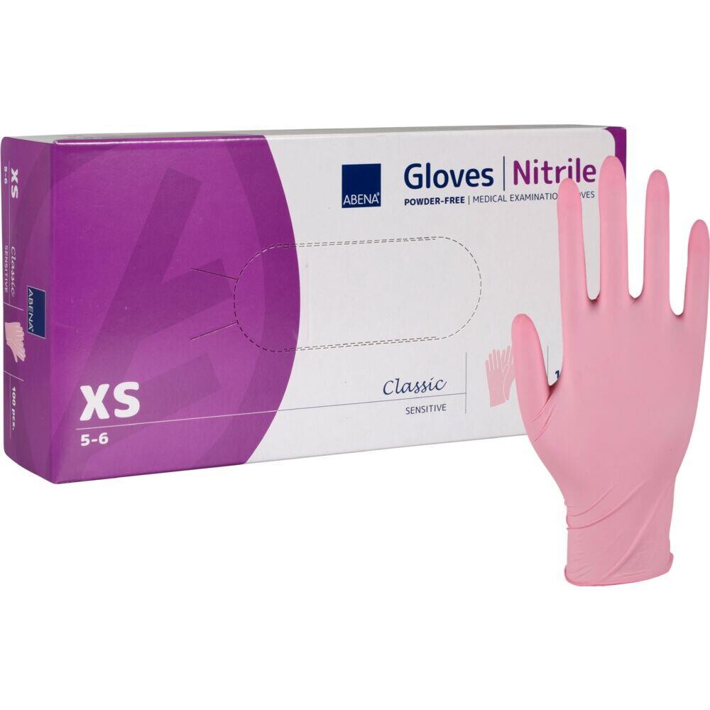 Undersøgelseshandske - Abena Classic Sensitive XS Pink Nitril - pudderfri - 100 stk