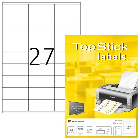 Etiketter - TopStick 70x32mm - 2700 stk - A4 ark - Permanent