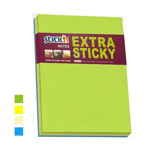 Notes - Stick'N Ekstra Sticky - 203x150 mm - 45 blade - Ass. farver - 4 blokke