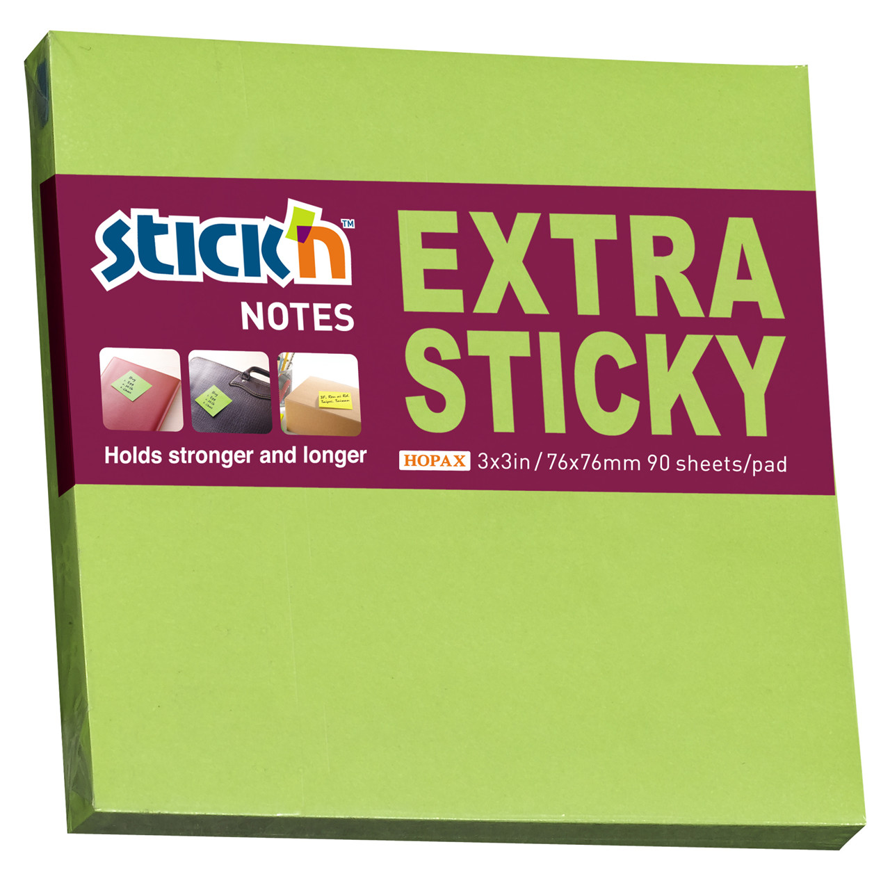 Notes Stick'N Extra Sticky grøn 76x76mm - 12 blokke á 90 blade