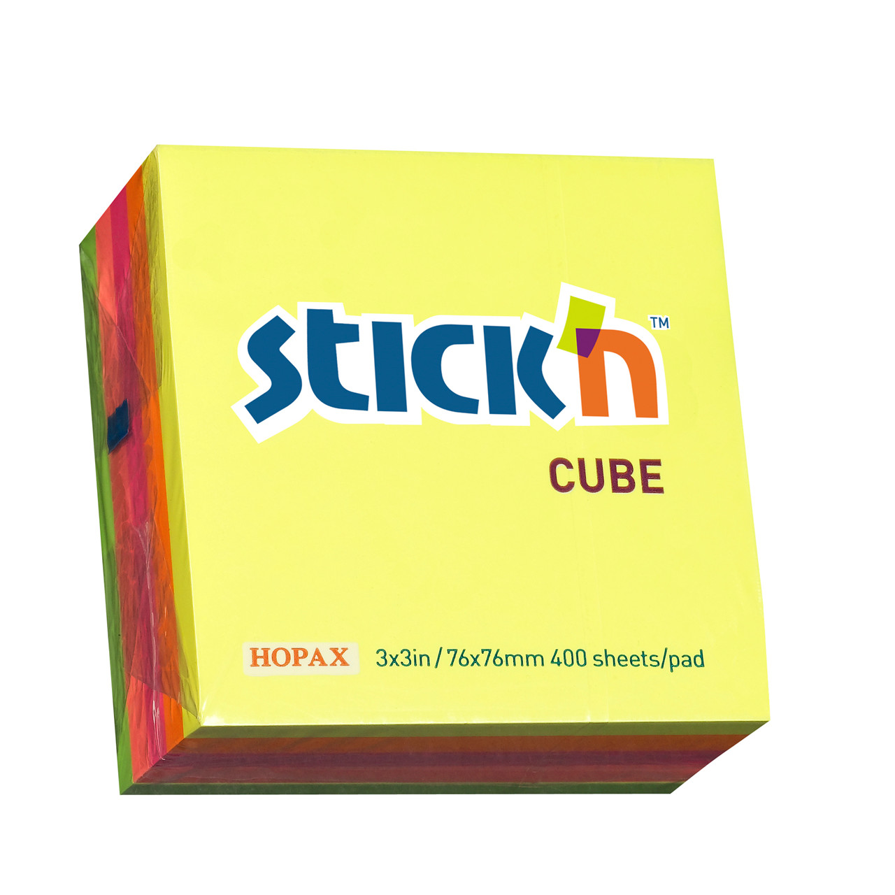 Notes Stick'N NEON Cube 4 ass. neon farver 76x76mm - 12 blokke á 320 blade