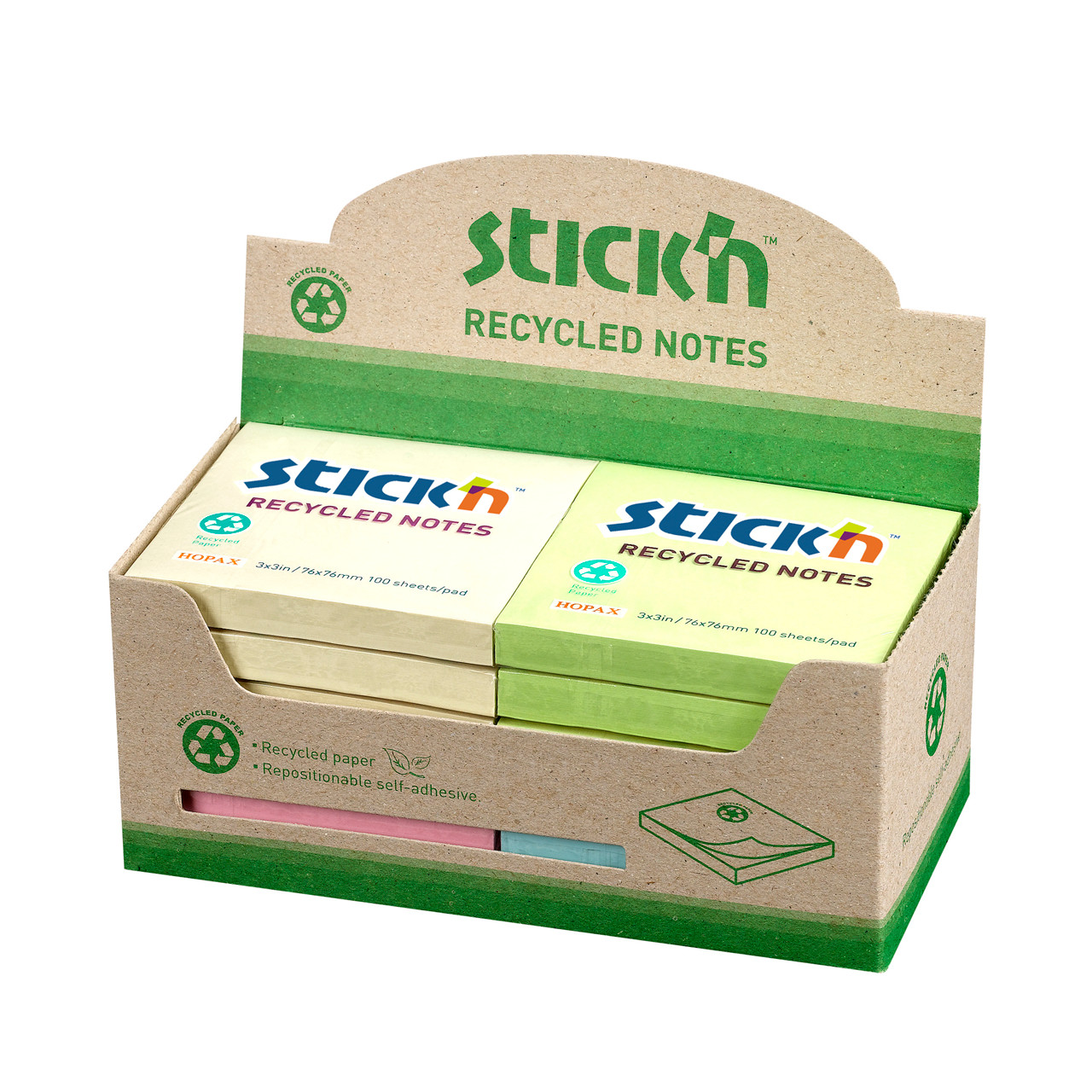 Notes Stick'N Recycled 4 ass. farver 76x76mm - 12 blokke á 100 blade