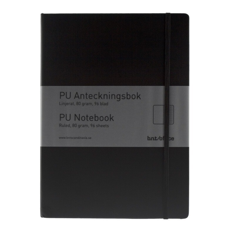 Notesbog A5 BNT sort kunstlæder linjeret papir - 96 sider