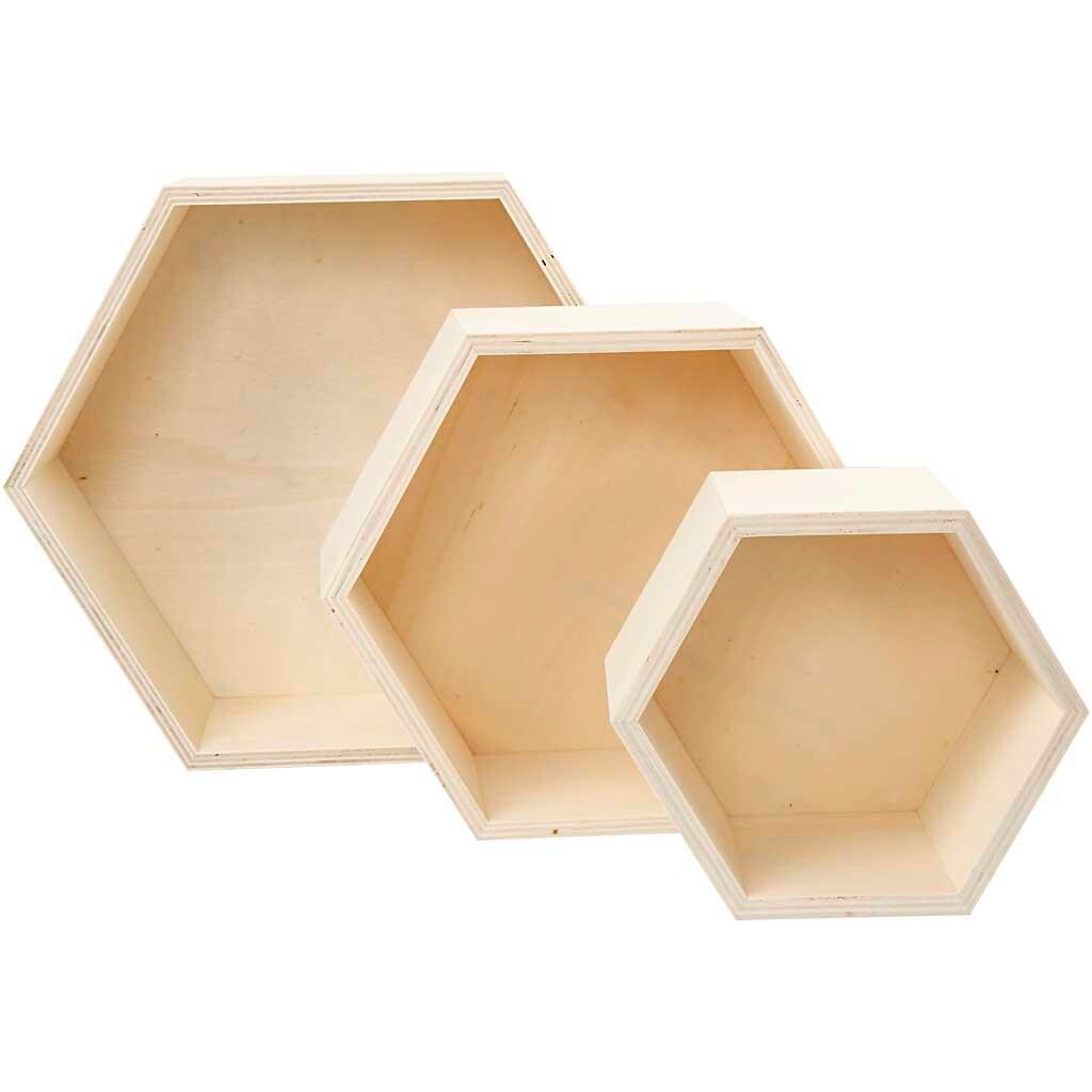 Opbevaringskasser træ 3 stk - h: 14,8 + 19 + 24,2 cm d: 10 cm krydsfiner sekskantet
