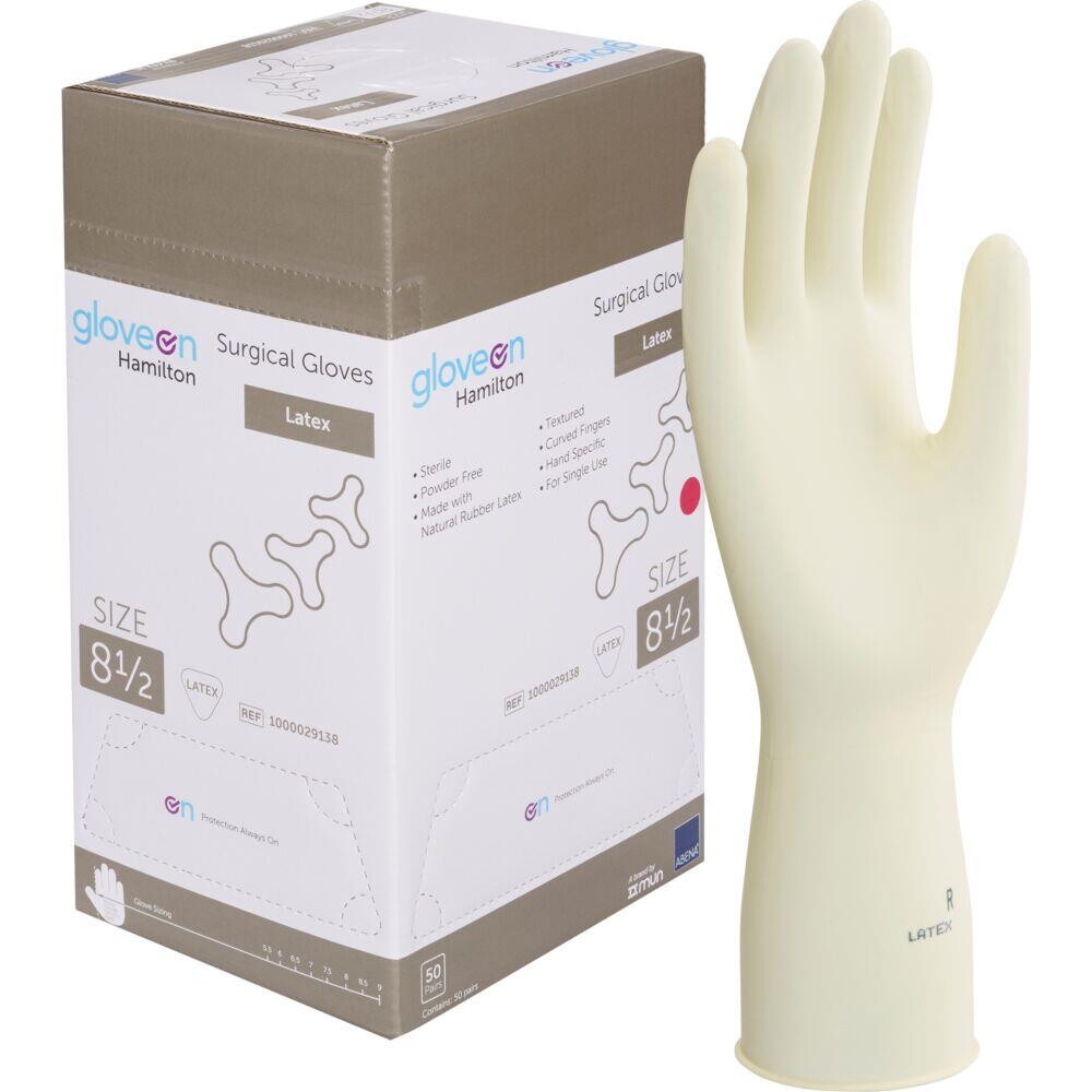 Operationshandske, Gloveon Hamilton, 8,5, nature, latex, pudderfri - 50 par