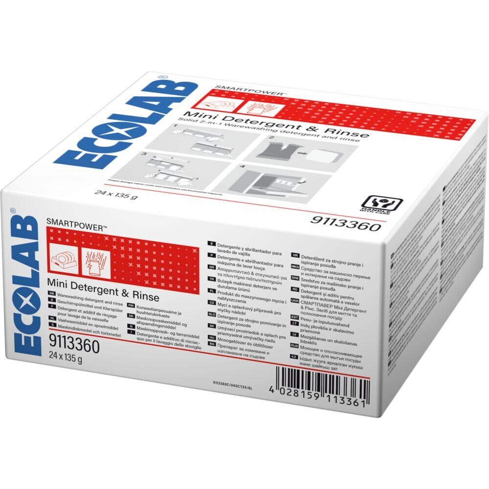 Opvasketabs, Ecolab Smartpower Mini Detergent & Rinse, all-in-one, uden klor, farve og parfume, 1 pakke med 24 stk